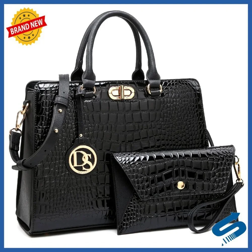 Vegan Leather Satchel Tote with Clutch, Adjustable Strap, Gold Hardware